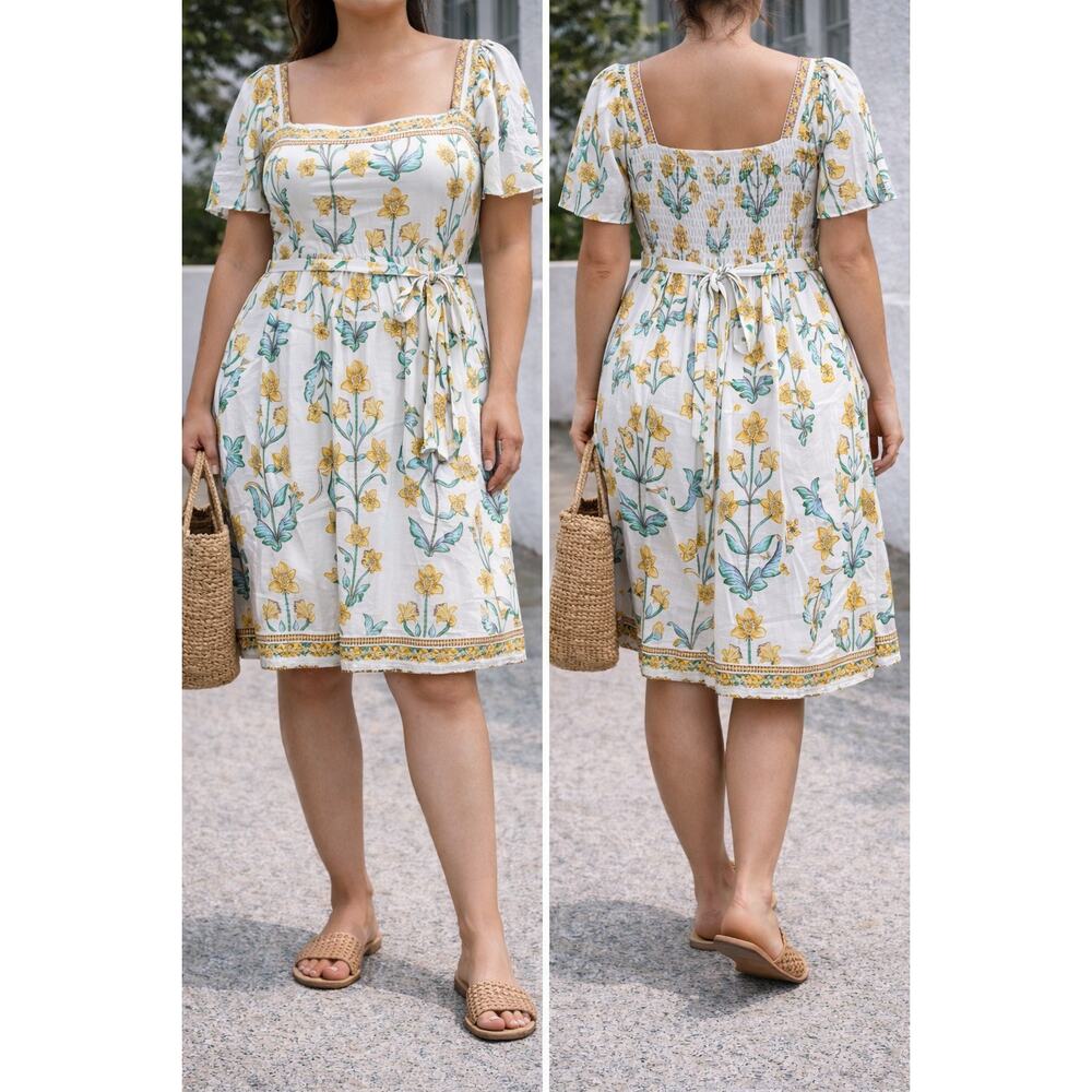 Draper James White Floral Square-Neck Mini Dress with Yellow and Green Print